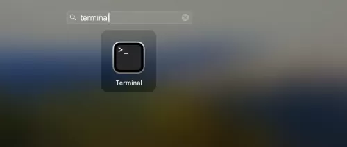 A screenshot of the Mac Spotlight search with "Terminal" typed in, and the application highlighted